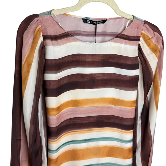 ZARA Silky Striped Pullover Blouse Peasant Sleeves Size Small Boho Chic Artsy - Picture 7 of 8